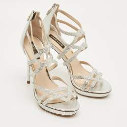 Pre Owned Roberto Cavalli Silver Leather Crystal Embellished Strappy Sandals Size 37
