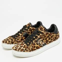 Pre Owned Roberto Cavalli Biege/Brown Leopard Print calf hair Lace Up Sneakers Size 39