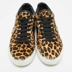 Pre Owned Roberto Cavalli Biege/Brown Leopard Print calf hair Lace Up Sneakers Size 39