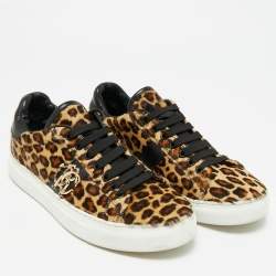 Pre Owned Roberto Cavalli Biege/Brown Leopard Print calf hair Lace Up Sneakers Size 39