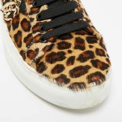 Pre Owned Roberto Cavalli Biege/Brown Leopard Print calf hair Lace Up Sneakers Size 39