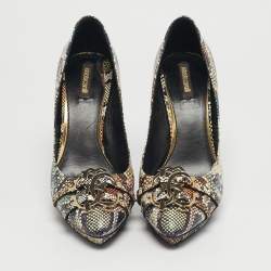 مملوكة مسبقًا حذاء كعب عالي روبيرتو كافالي جلد مطبوع بألوان متعددة مقدمة مدببة منصة مقاس 41