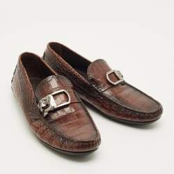 مملوكة مسبقًا Roberto Cavalli Size 42 Brown Croc Embossed Leather Slip On Loafers