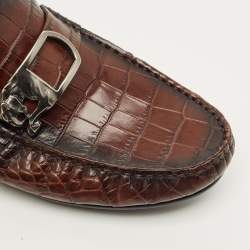 مملوكة مسبقًا Roberto Cavalli Size 42 Brown Croc Embossed Leather Slip On Loafers