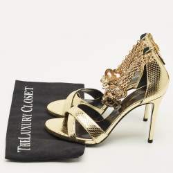 مملوكة مسبقًا Roberto Cavalli Snakechain Size 37 Gold Snakeskin Ankle Strap Sandals