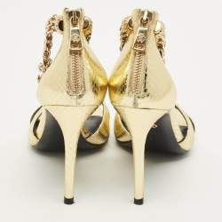 مملوكة مسبقًا Roberto Cavalli Snakechain Size 37 Gold Snakeskin Ankle Strap Sandals