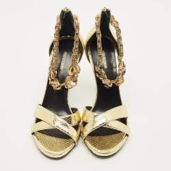 مملوكة مسبقًا Roberto Cavalli Snakechain Size 37 Gold Snakeskin Ankle Strap Sandals