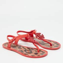 مملوكة مسبقًا صندل فلات إصبع روبرتو كافالي جلد أسود مزخرف شعار الماركة نمر مقاس 36