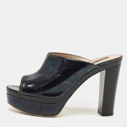 مملوكة مسبقًا Roberto Cavalli Size 38 Black Leather Platform Open Toe Sandals