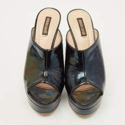 مملوكة مسبقًا Roberto Cavalli Size 38 Black Leather Platform Open Toe Sandals