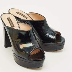 مملوكة مسبقًا Roberto Cavalli Size 38 Black Leather Platform Open Toe Sandals