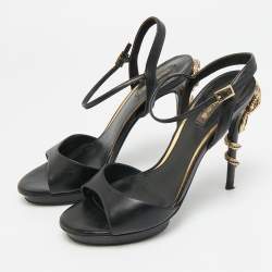 Pre Owned صندل روبيرتو كافالي ساتان أسود مزين بثعبان سير كاحل مقاس 38