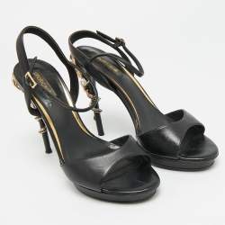 Pre Owned صندل روبيرتو كافالي ساتان أسود مزين بثعبان سير كاحل مقاس 38