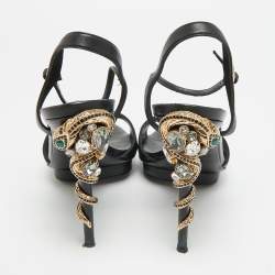 Pre Owned صندل روبيرتو كافالي ساتان أسود مزين بثعبان سير كاحل مقاس 38