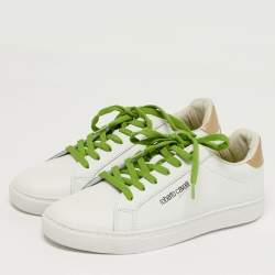 Pre Owned Roberto Cavalli Size 40 White/Gold Python Embossed and Leather Low Top Sneakers