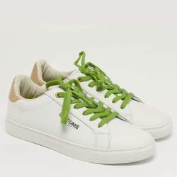 Pre Owned Roberto Cavalli Size 40 White/Gold Python Embossed and Leather Low Top Sneakers