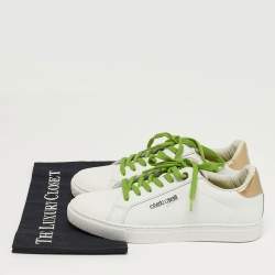 Pre Owned Roberto Cavalli Size 40 White/Gold Python Embossed and Leather Low Top Sneakers