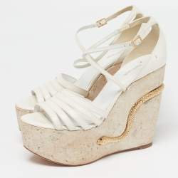 Pre Owned Roberto Cavalli Size 40 White Leather Snake Detail Cork Platform Wedge Sandals