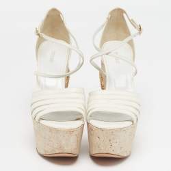 Pre Owned Roberto Cavalli Size 40 White Leather Snake Detail Cork Platform Wedge Sandals