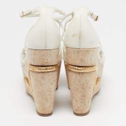 Pre Owned Roberto Cavalli Size 40 White Leather Snake Detail Cork Platform Wedge Sandals