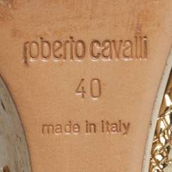 Pre Owned Roberto Cavalli Size 40 White Leather Snake Detail Cork Platform Wedge Sandals