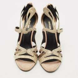 Pre Owned Roberto Cavalli Size 40 Beige/Brown Python Leather and Suede Ankle Strap Sandals