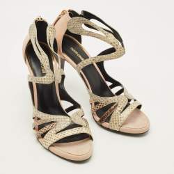 Pre Owned Roberto Cavalli Size 40 Beige/Brown Python Leather and Suede Ankle Strap Sandals