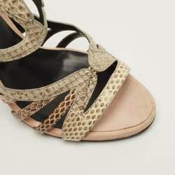 Pre Owned Roberto Cavalli Size 40 Beige/Brown Python Leather and Suede Ankle Strap Sandals