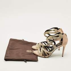 Pre Owned Roberto Cavalli Size 40 Beige/Brown Python Leather and Suede Ankle Strap Sandals