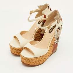 Pre Owned Roberto Cavalli Size 36.5 Beige Leather Woven Platform Wedge Sandals