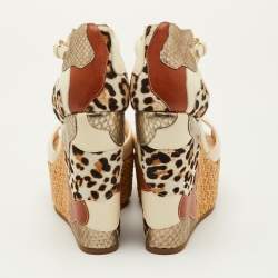 Pre Owned Roberto Cavalli Size 36.5 Beige Leather Woven Platform Wedge Sandals