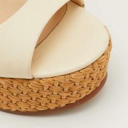 Pre Owned Roberto Cavalli Size 36.5 Beige Leather Woven Platform Wedge Sandals