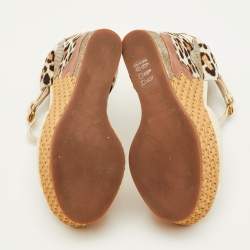 Pre Owned Roberto Cavalli Size 36.5 Beige Leather Woven Platform Wedge Sandals