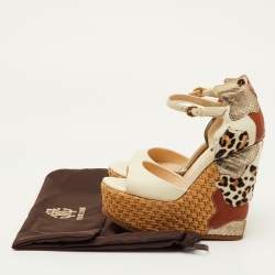 Pre Owned Roberto Cavalli Size 36.5 Beige Leather Woven Platform Wedge Sandals