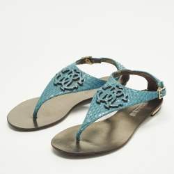 Pre Owned Roberto Cavalli Size 37 Blue Python Embossed Leather Thong Flats