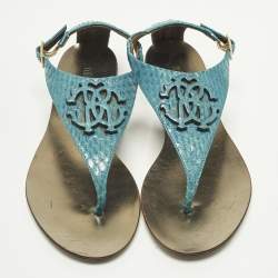 Pre Owned Roberto Cavalli Size 37 Blue Python Embossed Leather Thong Flats