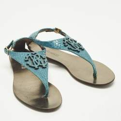 Pre Owned Roberto Cavalli Size 37 Blue Python Embossed Leather Thong Flats