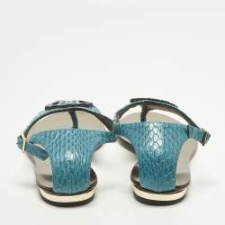 Pre Owned Roberto Cavalli Size 37 Blue Python Embossed Leather Thong Flats