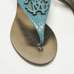 Pre Owned Roberto Cavalli Size 37 Blue Python Embossed Leather Thong Flats
