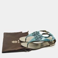 Pre Owned Roberto Cavalli Size 37 Blue Python Embossed Leather Thong Flats