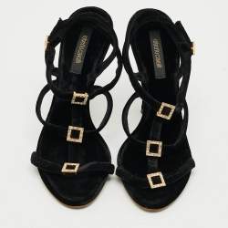 Pre Owned Roberto Cavalli Size 38 Black Velvet Crystal Embellished Strappy Ankle Strap Sandals  