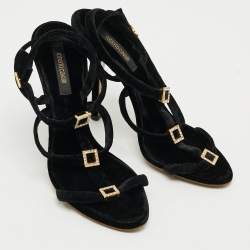 Pre Owned Roberto Cavalli Size 38 Black Velvet Crystal Embellished Strappy Ankle Strap Sandals  