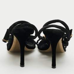 Pre Owned Roberto Cavalli Size 38 Black Velvet Crystal Embellished Strappy Ankle Strap Sandals  