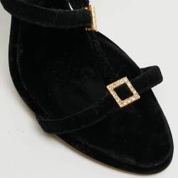 Pre Owned Roberto Cavalli Size 38 Black Velvet Crystal Embellished Strappy Ankle Strap Sandals  
