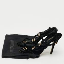 Pre Owned Roberto Cavalli Size 38 Black Velvet Crystal Embellished Strappy Ankle Strap Sandals  