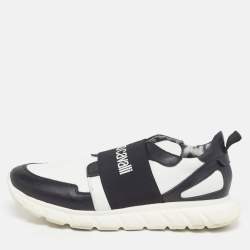 مملوكة مسبقًا Roberto Cavalli Size 40 White/Black Leather Logo Print Strap Slip On Sneakers