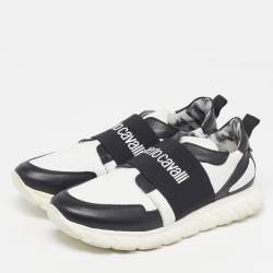 مملوكة مسبقًا Roberto Cavalli Size 40 White/Black Leather Logo Print Strap Slip On Sneakers