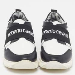 مملوكة مسبقًا Roberto Cavalli Size 40 White/Black Leather Logo Print Strap Slip On Sneakers