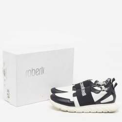مملوكة مسبقًا Roberto Cavalli Size 40 White/Black Leather Logo Print Strap Slip On Sneakers
