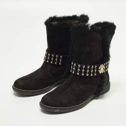 Pre Owned Roberto Cavalli Biker Size 36 Black Suede And Fur Ankle Length Boots